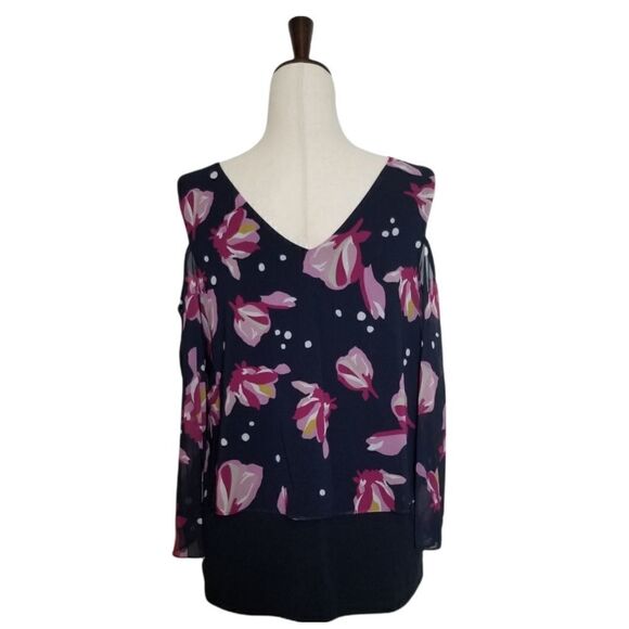 Ellen Tracy Navy Blue Floral Cold Shoulder Double V-neck Layer Blouse Size S - Picture 3 of 8